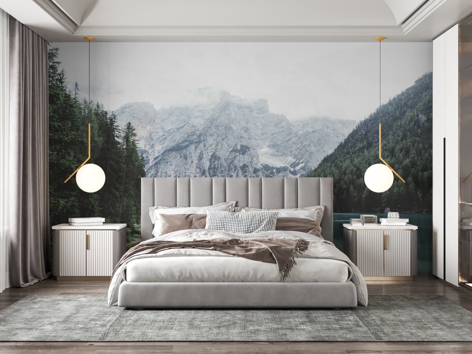 Papier peint rivière calme dans les montagnes parmi les conifères