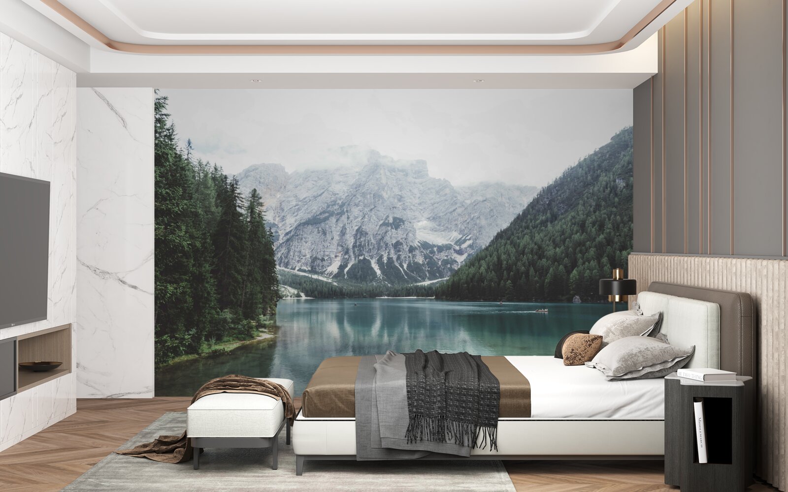 Papier peint rivière calme dans les montagnes parmi les conifères