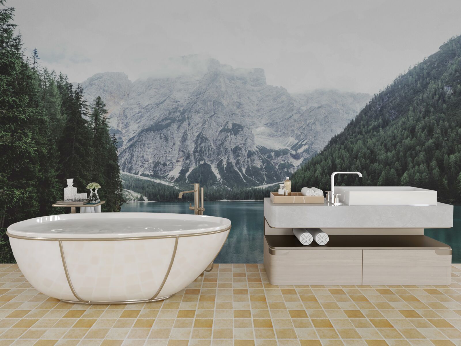 Papier peint rivière calme dans les montagnes parmi les conifères