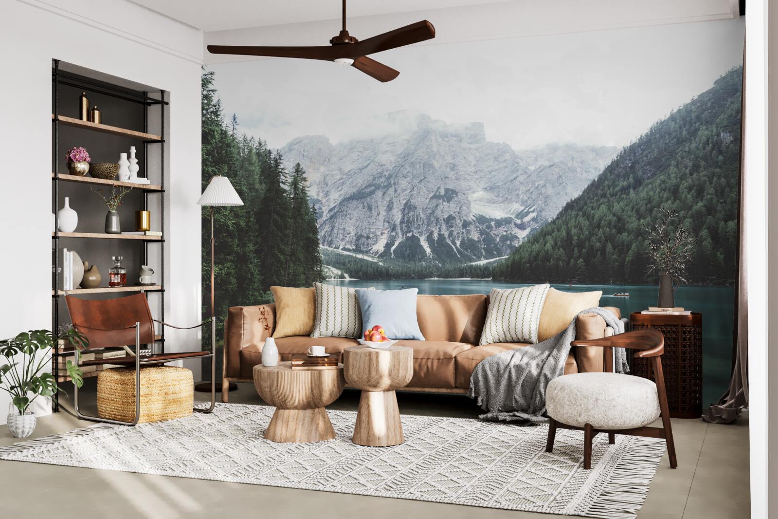 Papier peint rivière calme dans les montagnes parmi les conifères