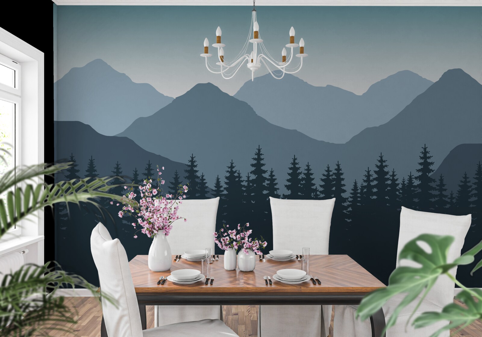 Papier peint montagnes brumeuses et forêts de conifères