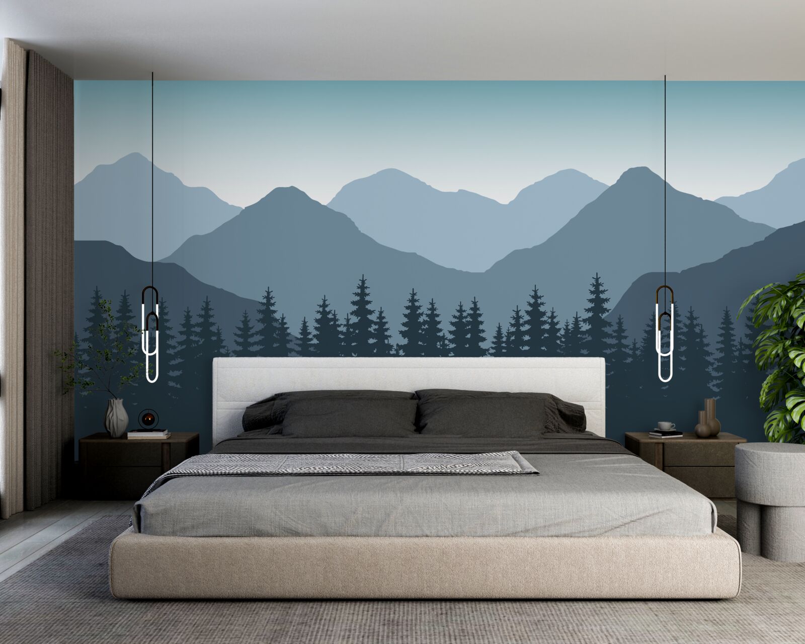 Papier peint montagnes brumeuses et forêts de conifères