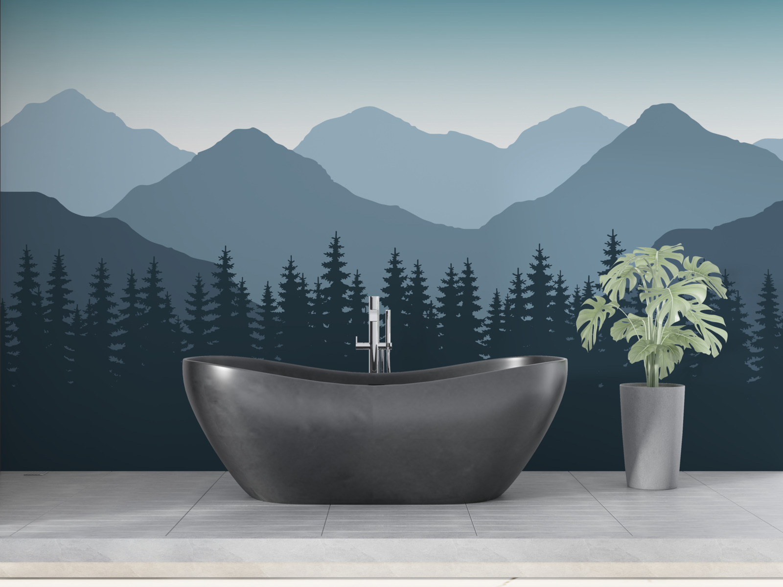 Papier peint montagnes brumeuses et forêts de conifères