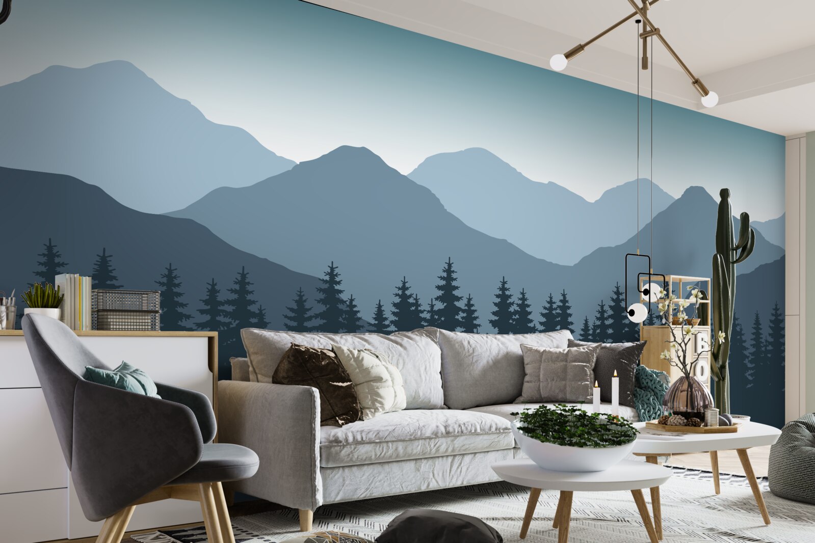 Papier peint montagnes brumeuses et forêts de conifères