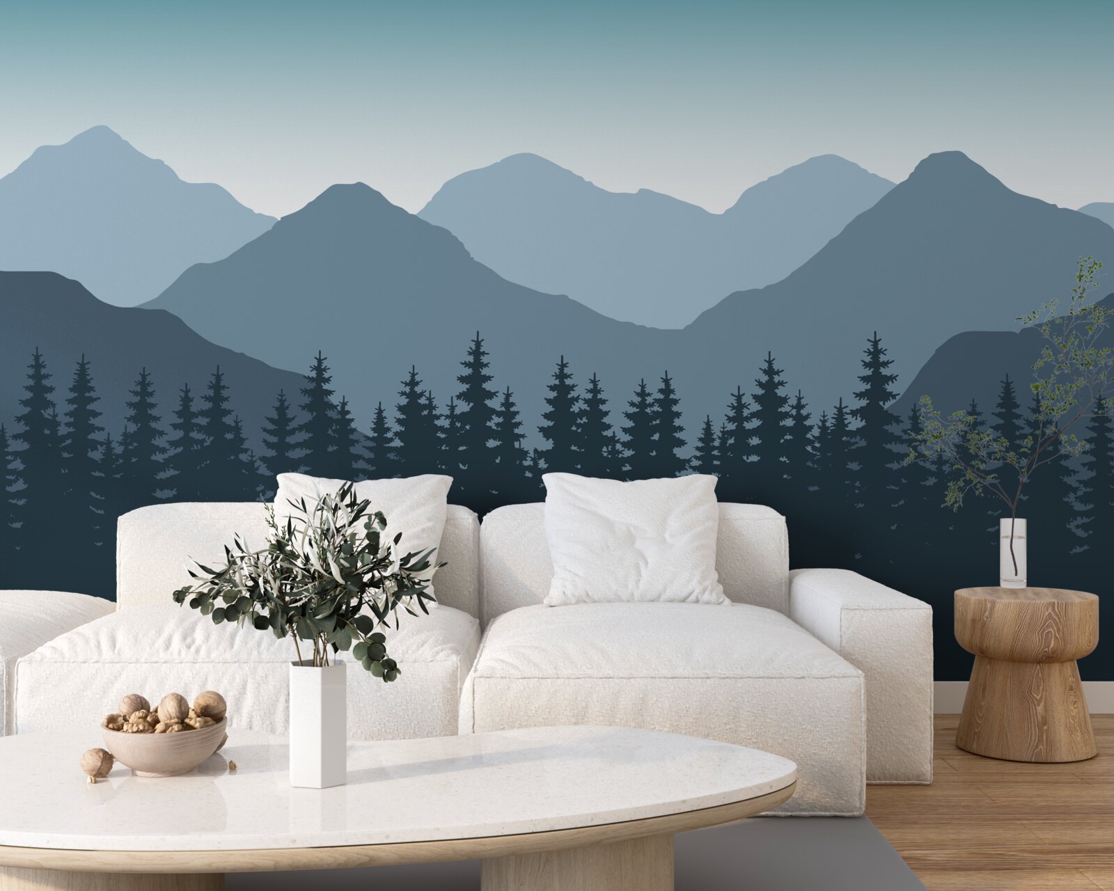 Papier peint montagnes brumeuses et forêts de conifères