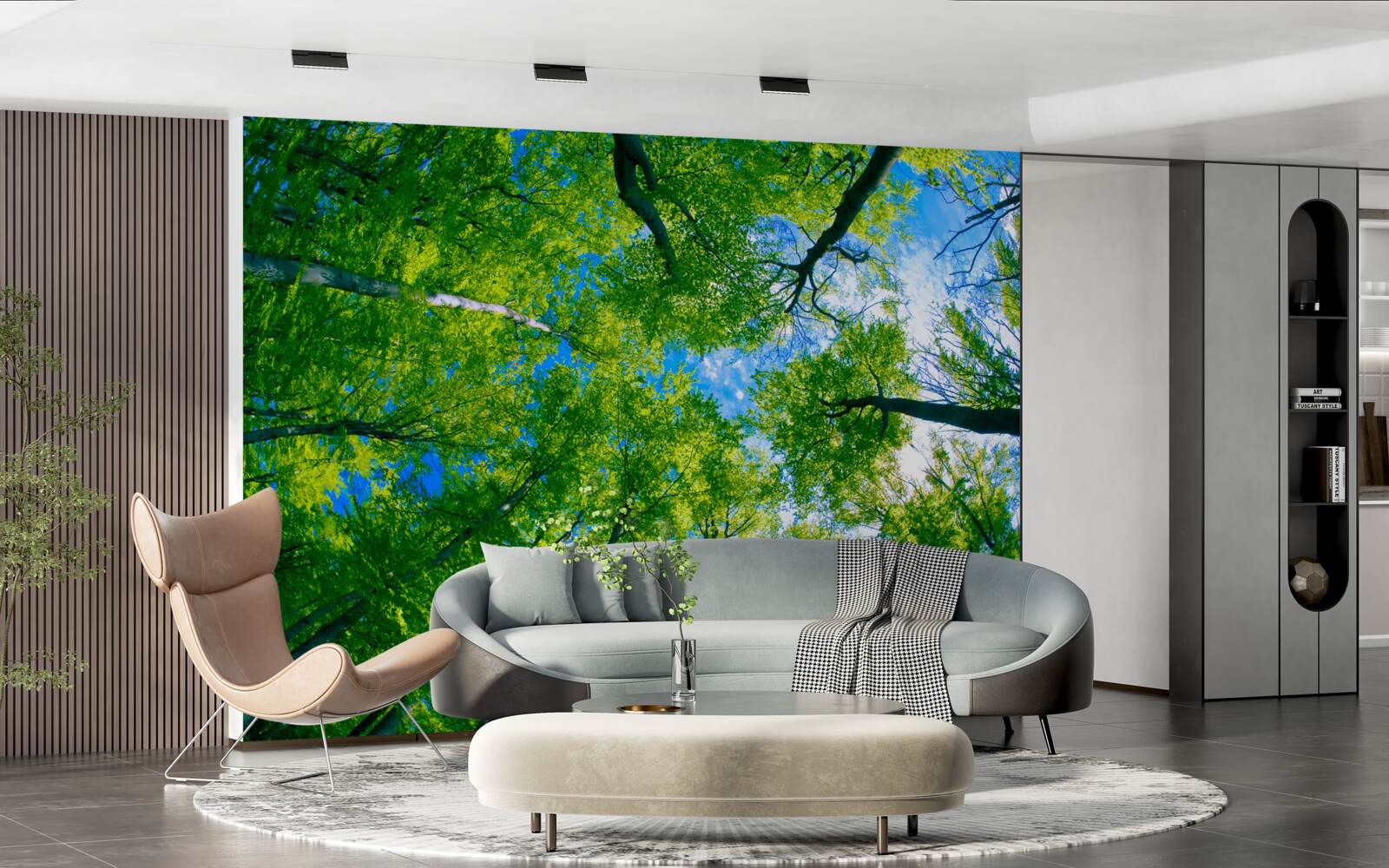 Papier peint forêt de couleur émeraude avec un ciel bleu en arrière-plan