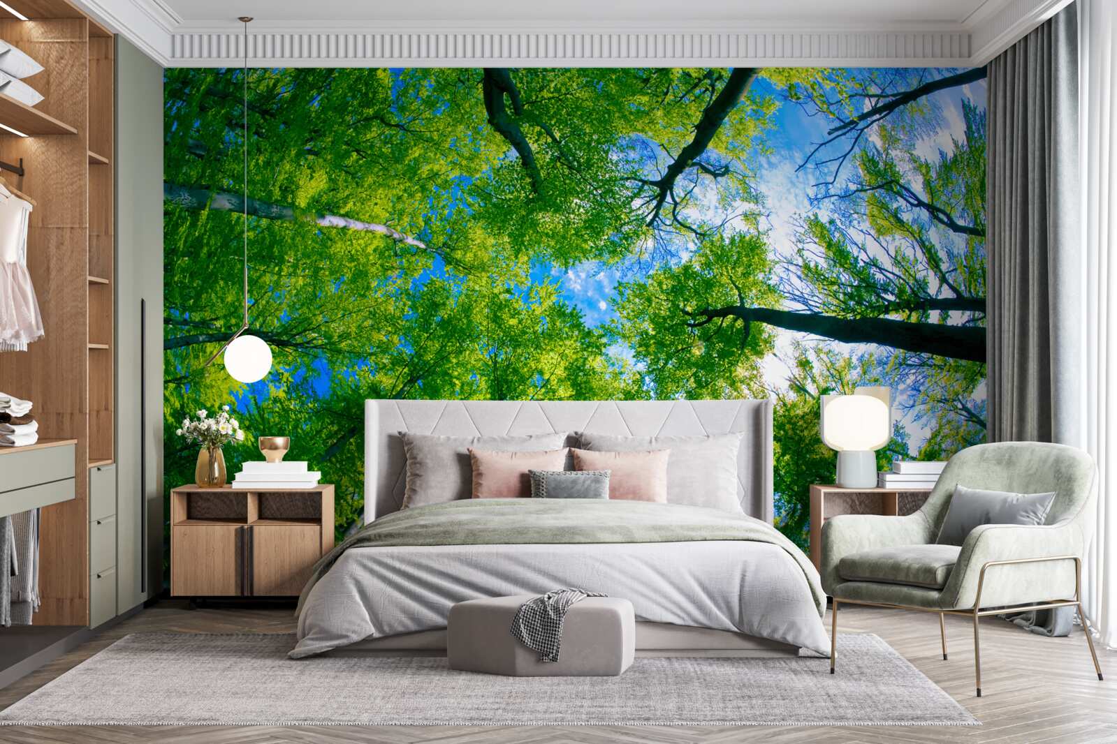 Papier peint forêt de couleur émeraude avec un ciel bleu en arrière-plan