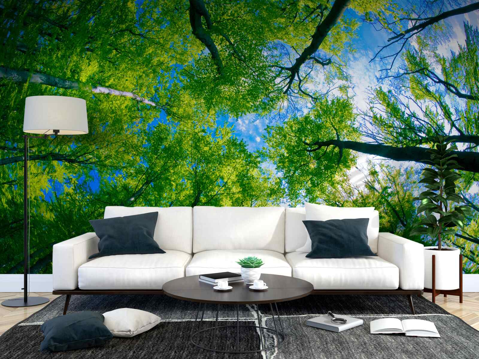 Papier peint forêt de couleur émeraude avec un ciel bleu en arrière-plan