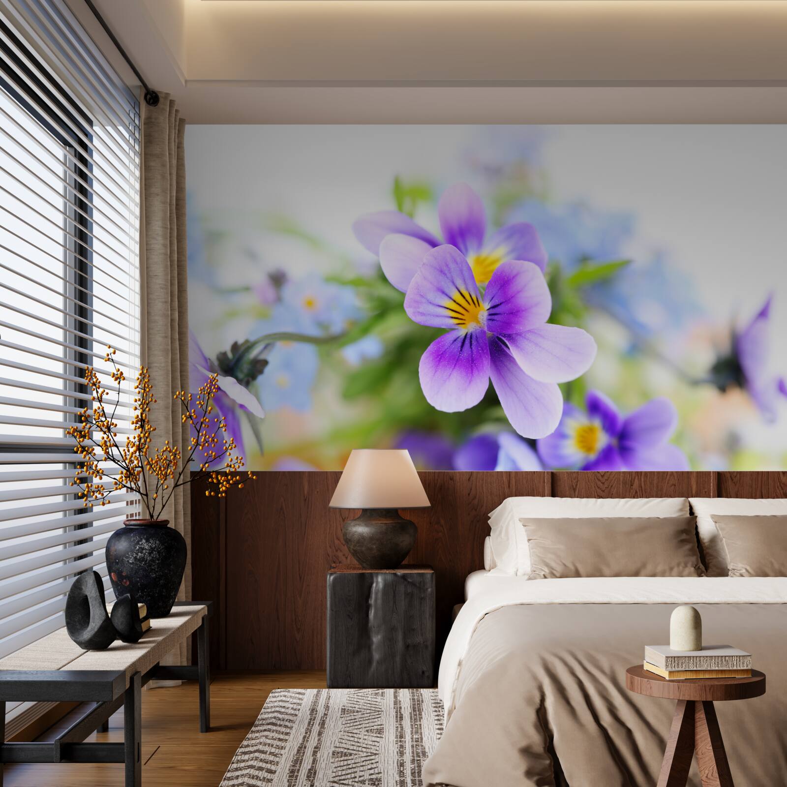 Papier peint par temps clair, des fleurs bleues délicates