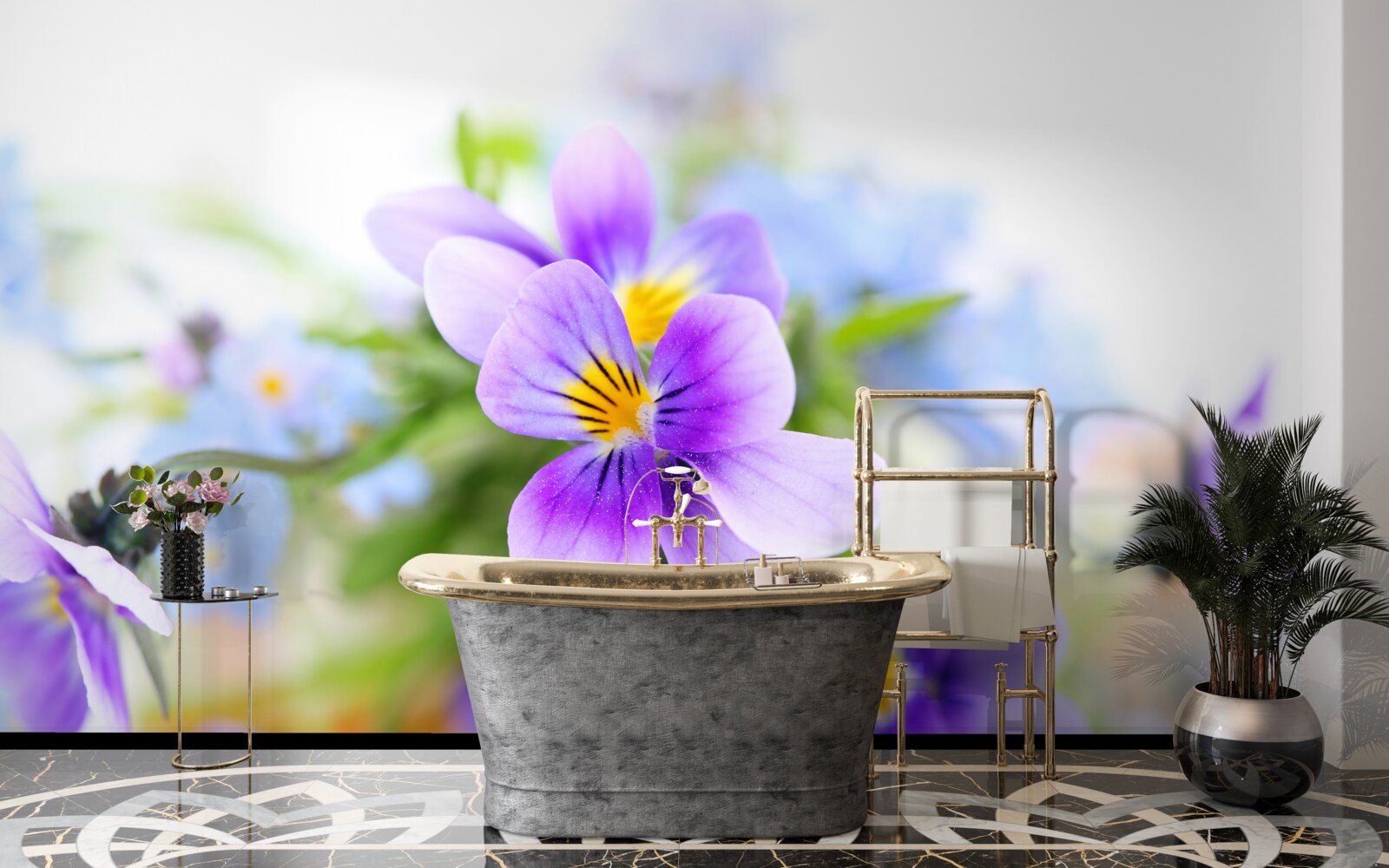 Papier peint par temps clair, des fleurs bleues délicates