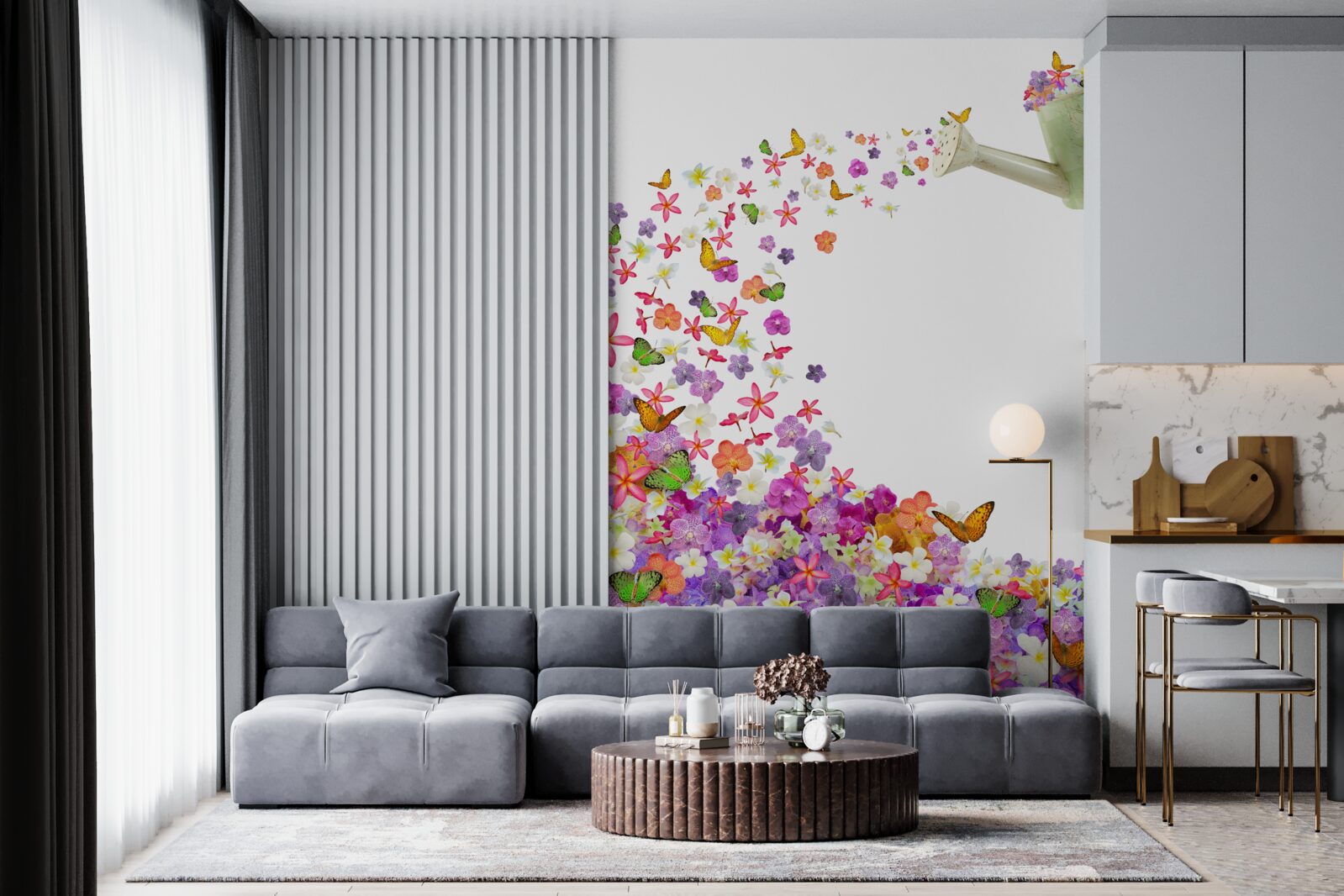 Papier peint arrosoir avec fleurs d'été et papillons