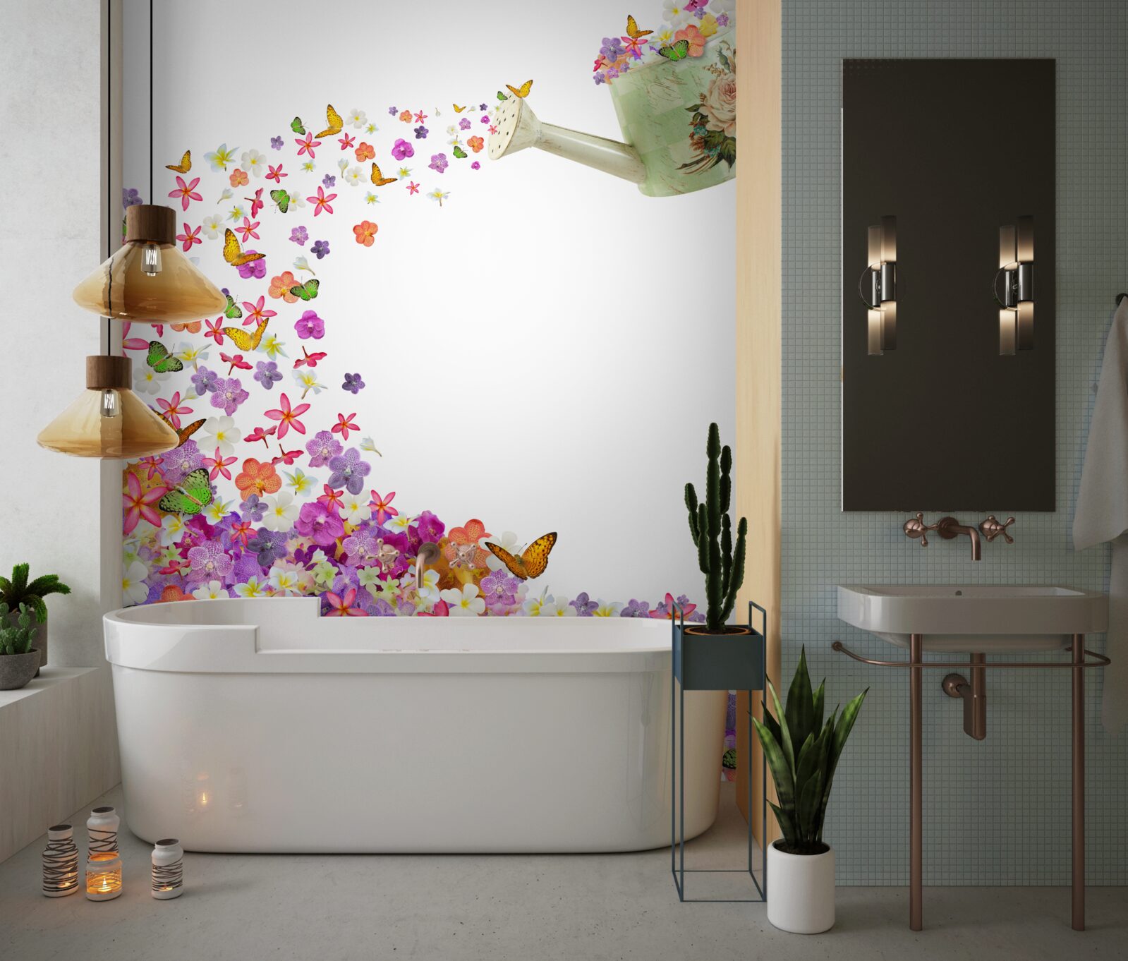 Papier peint arrosoir avec fleurs d'été et papillons