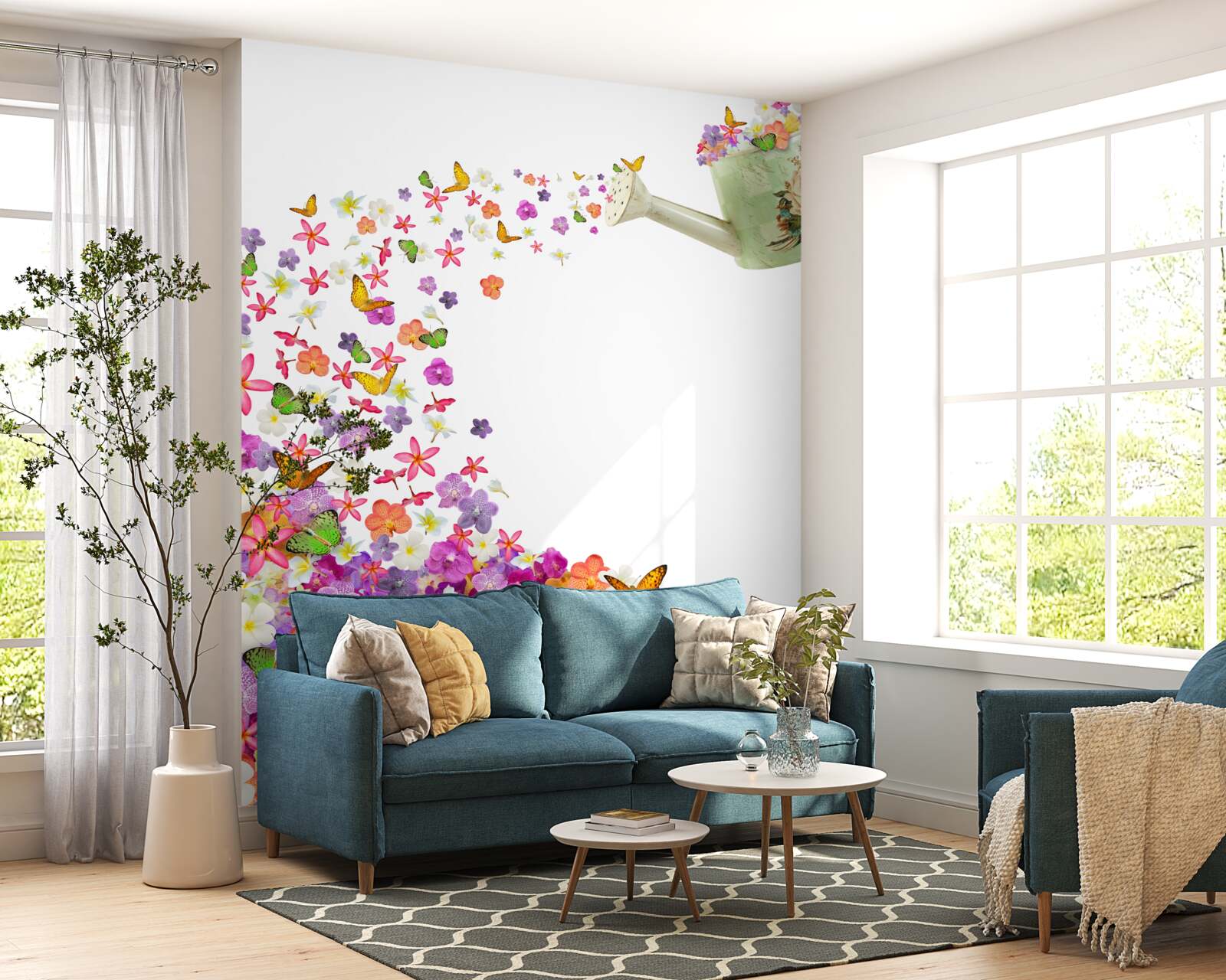 Papier peint arrosoir avec fleurs d'été et papillons