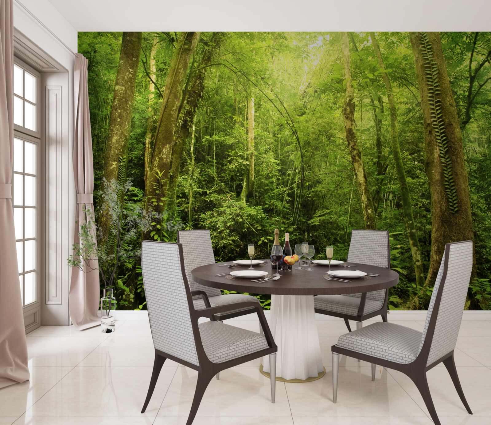 Papier peint les rayons du soleil percent la forêt dense et verdoyante