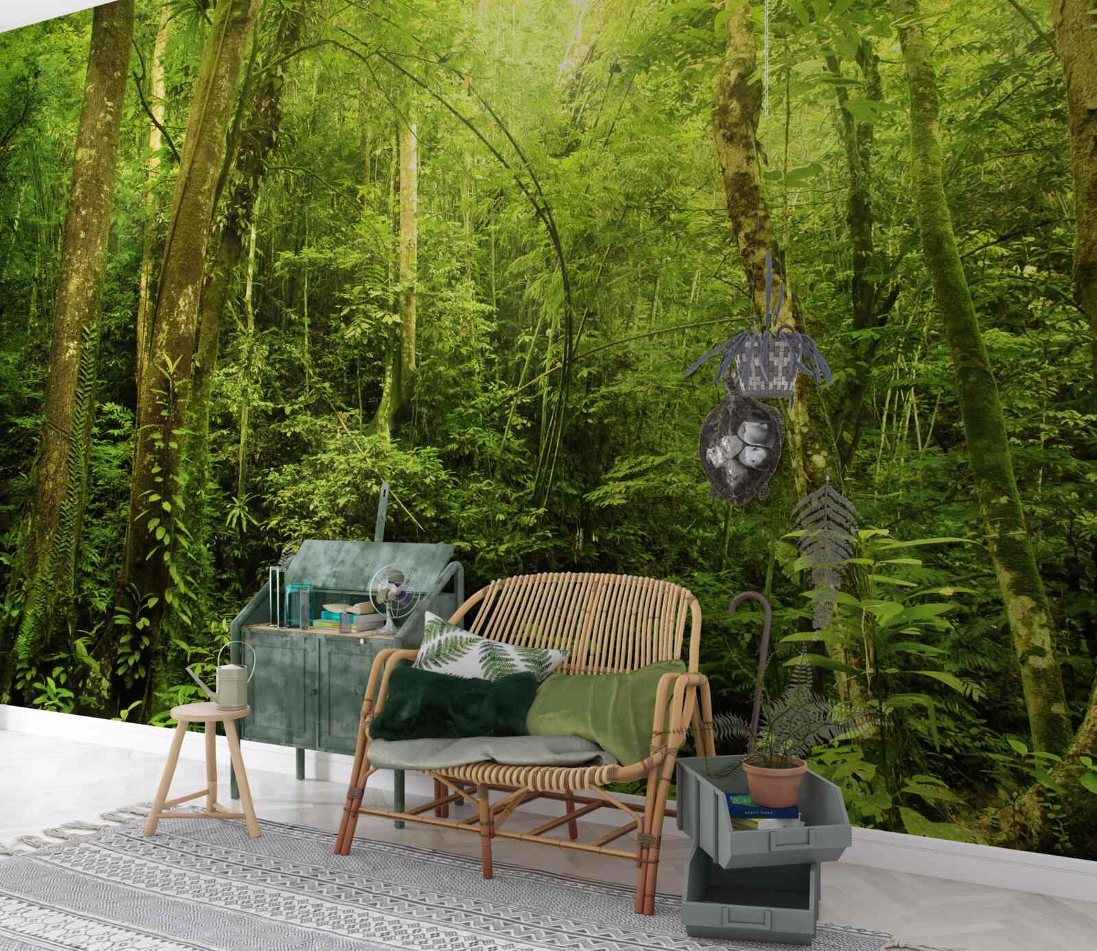 Papier peint les rayons du soleil percent la forêt dense et verdoyante