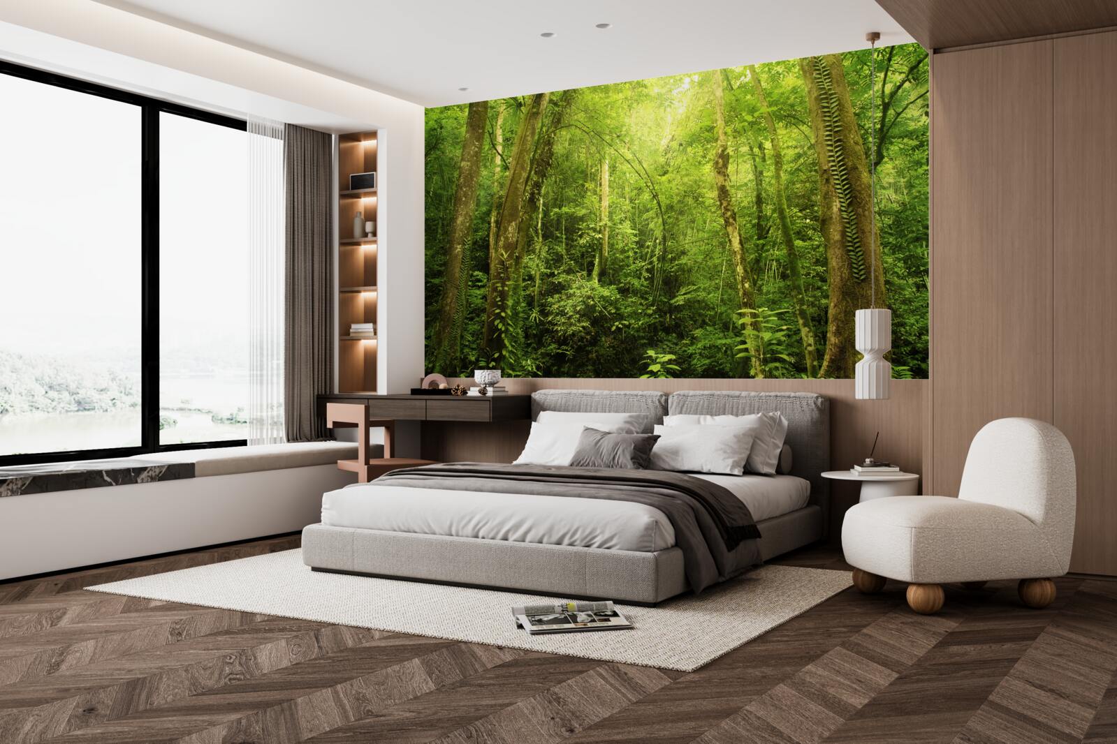 Papier peint les rayons du soleil percent la forêt dense et verdoyante