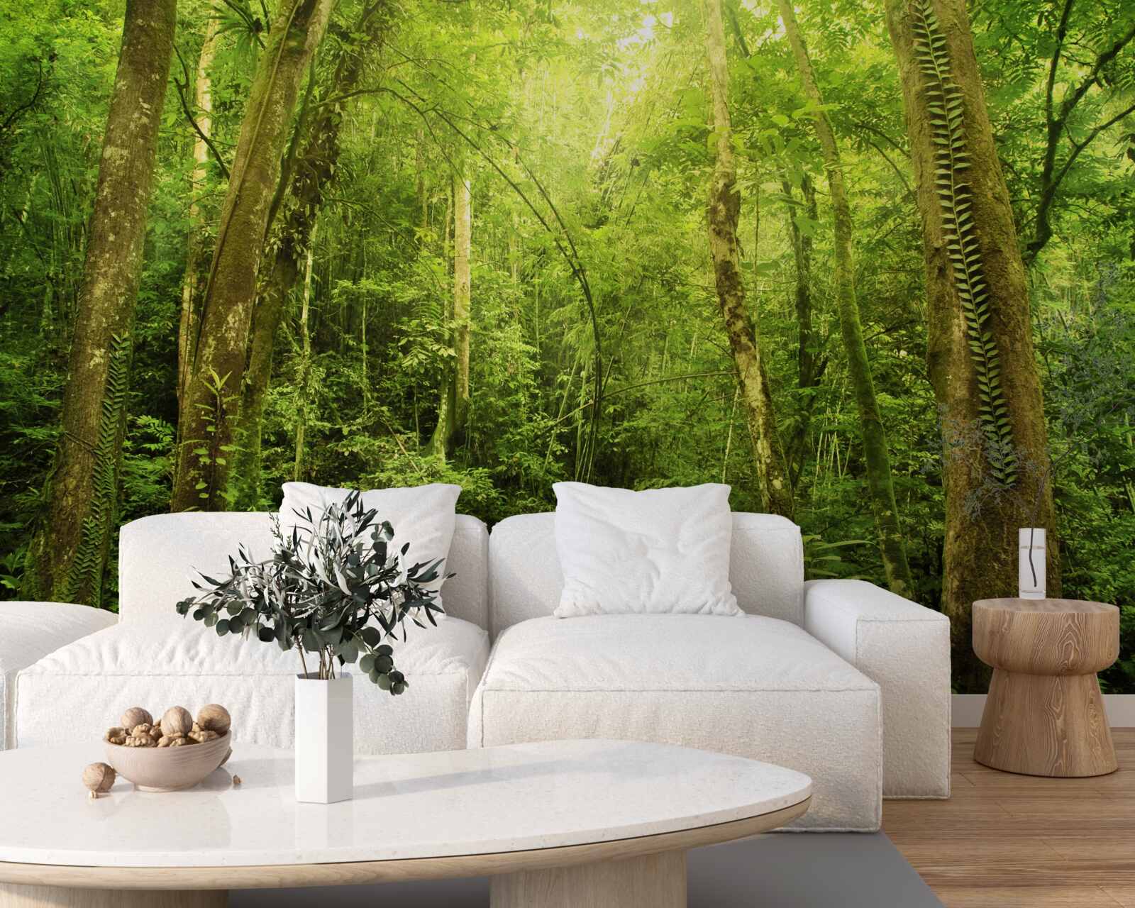 Papier peint les rayons du soleil percent la forêt dense et verdoyante