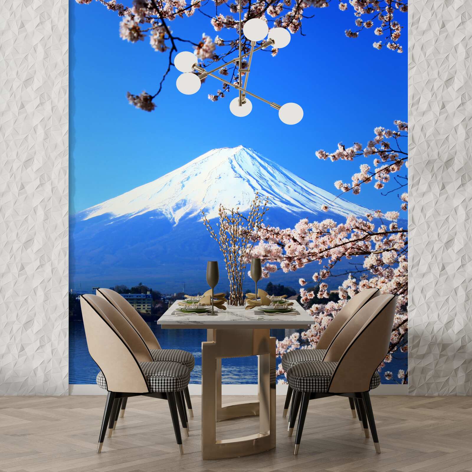 Papier peint fleurs de cerisier sur fond de lac et de sommet de montagne