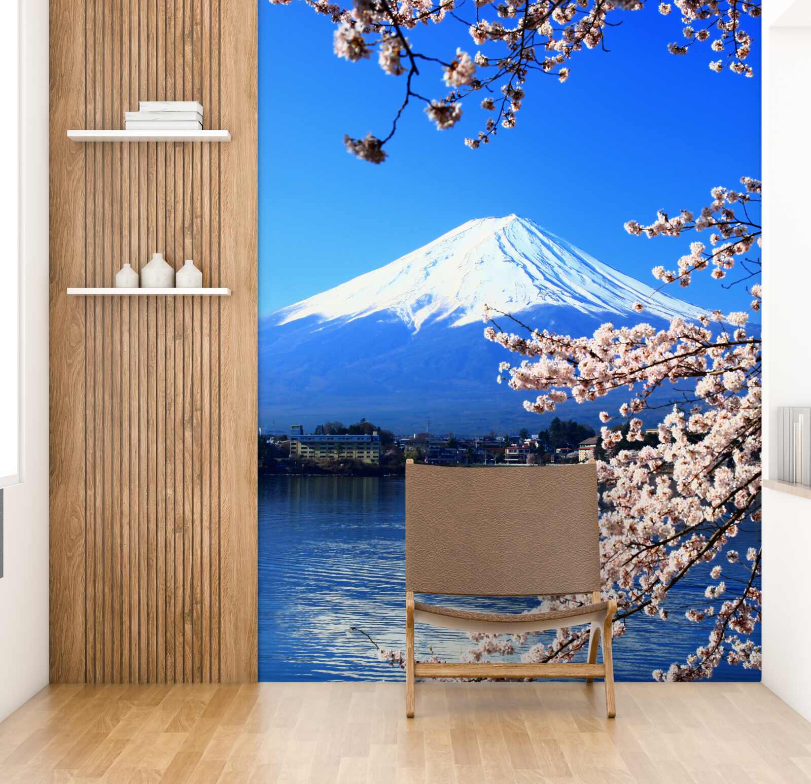 Papier peint fleurs de cerisier sur fond de lac et de sommet de montagne