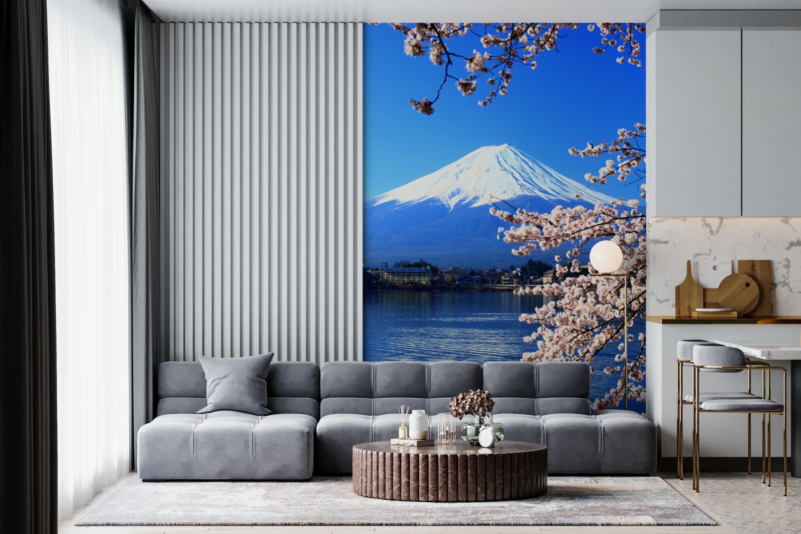 Papier peint fleurs de cerisier sur fond de lac et de sommet de montagne