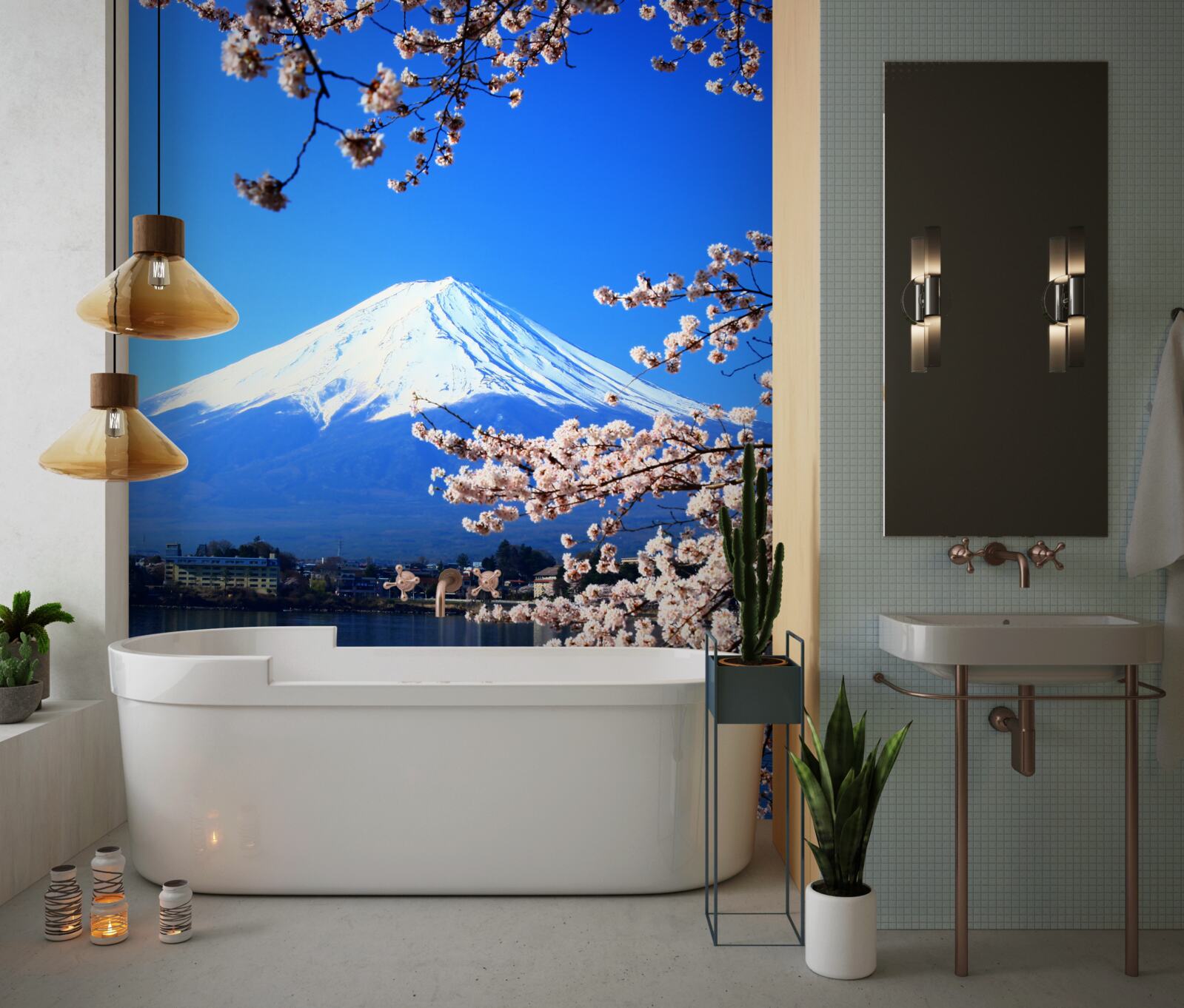 Papier peint fleurs de cerisier sur fond de lac et de sommet de montagne