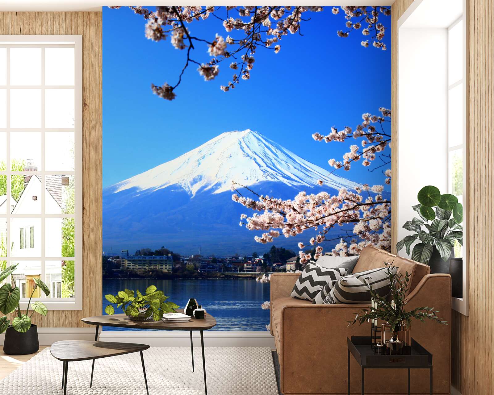 Papier peint fleurs de cerisier sur fond de lac et de sommet de montagne