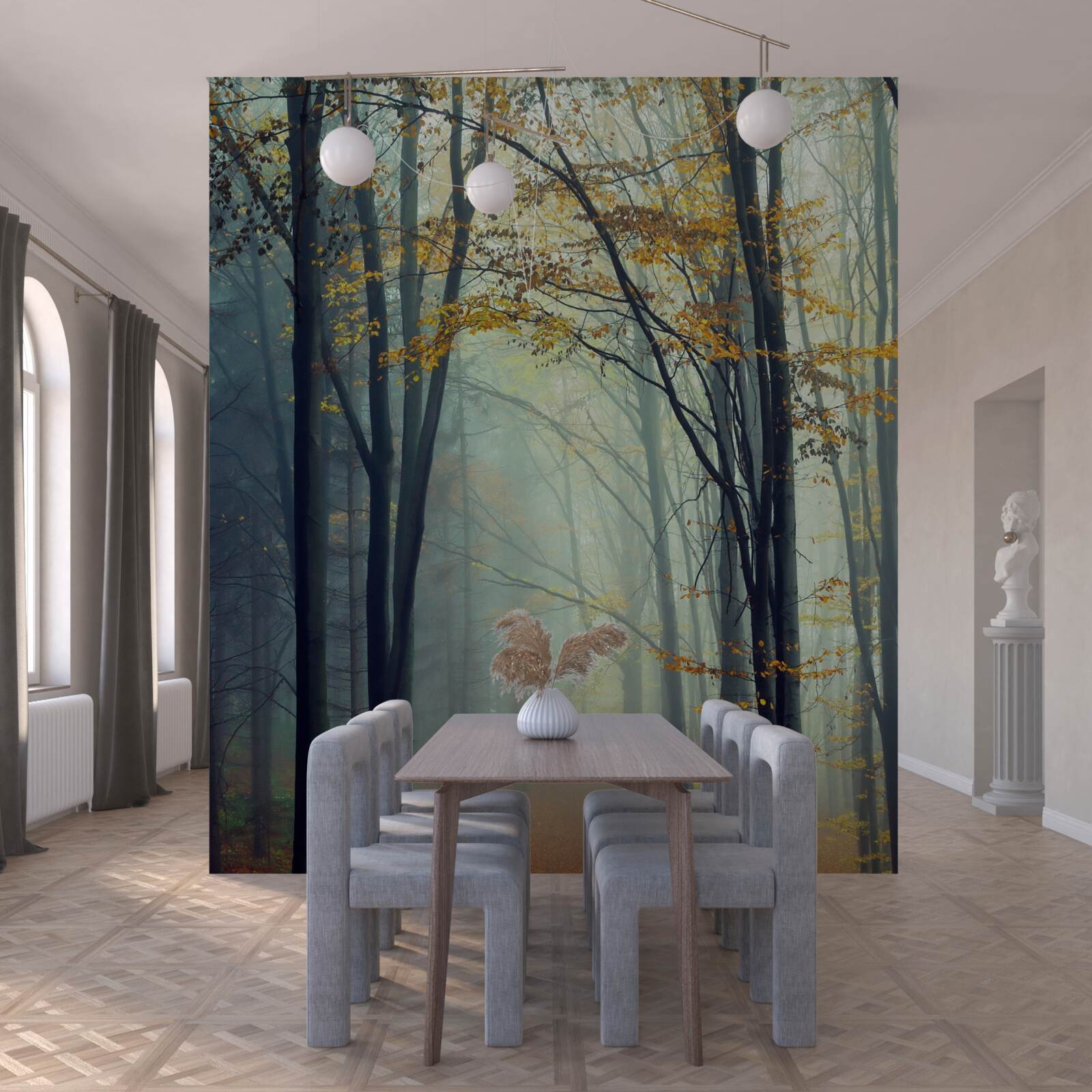 Papier peint forêt d'automne enveloppée de brume