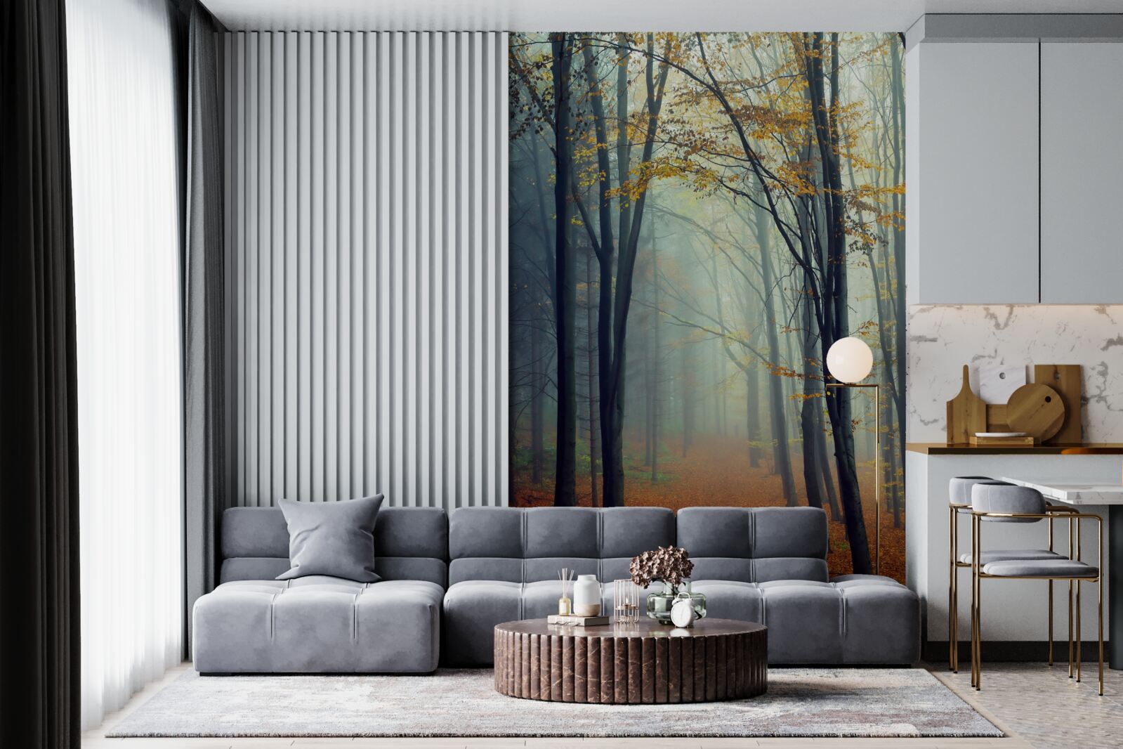 Papier peint forêt d'automne enveloppée de brume