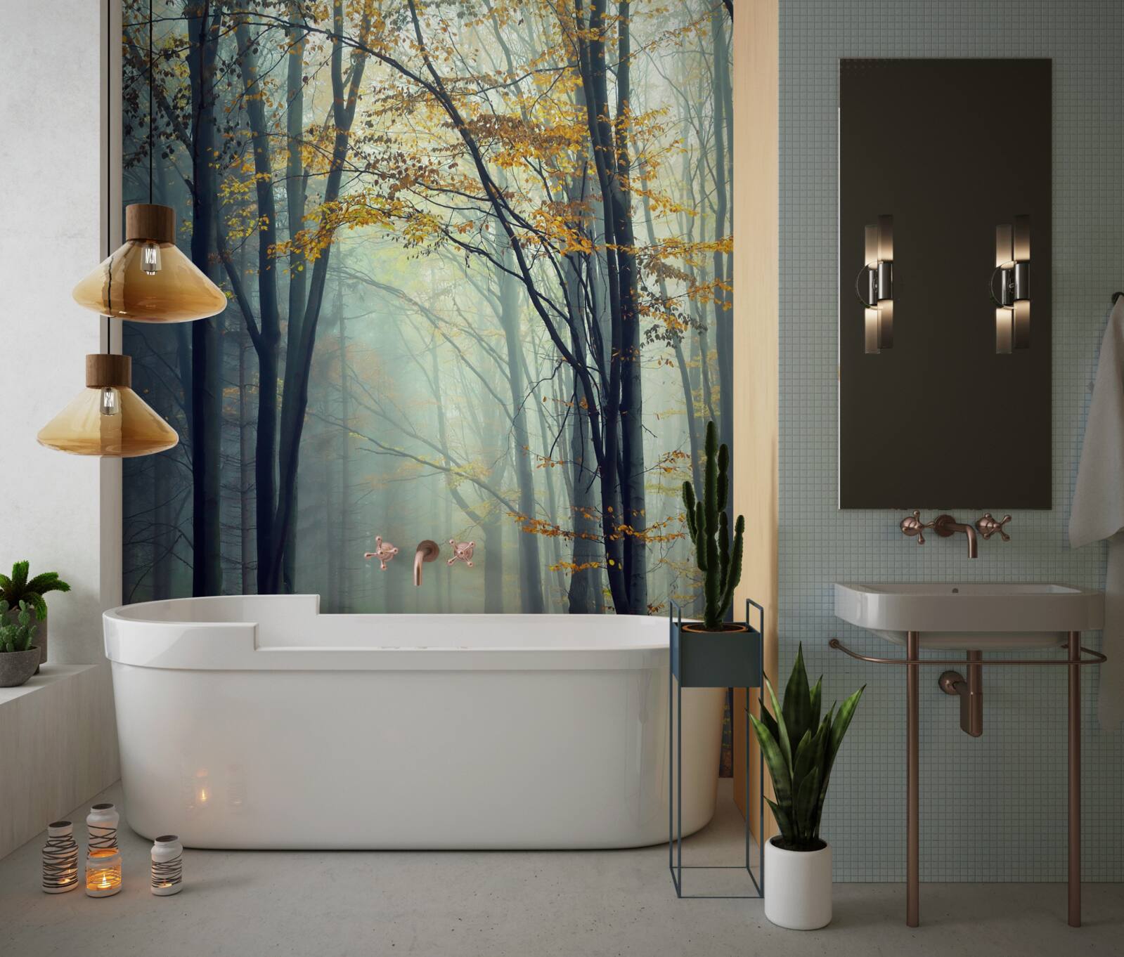 Papier peint forêt d'automne enveloppée de brume