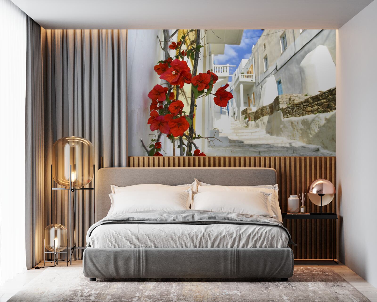 Papier peint des fleurs écarlates sur les murs brillants de la ville