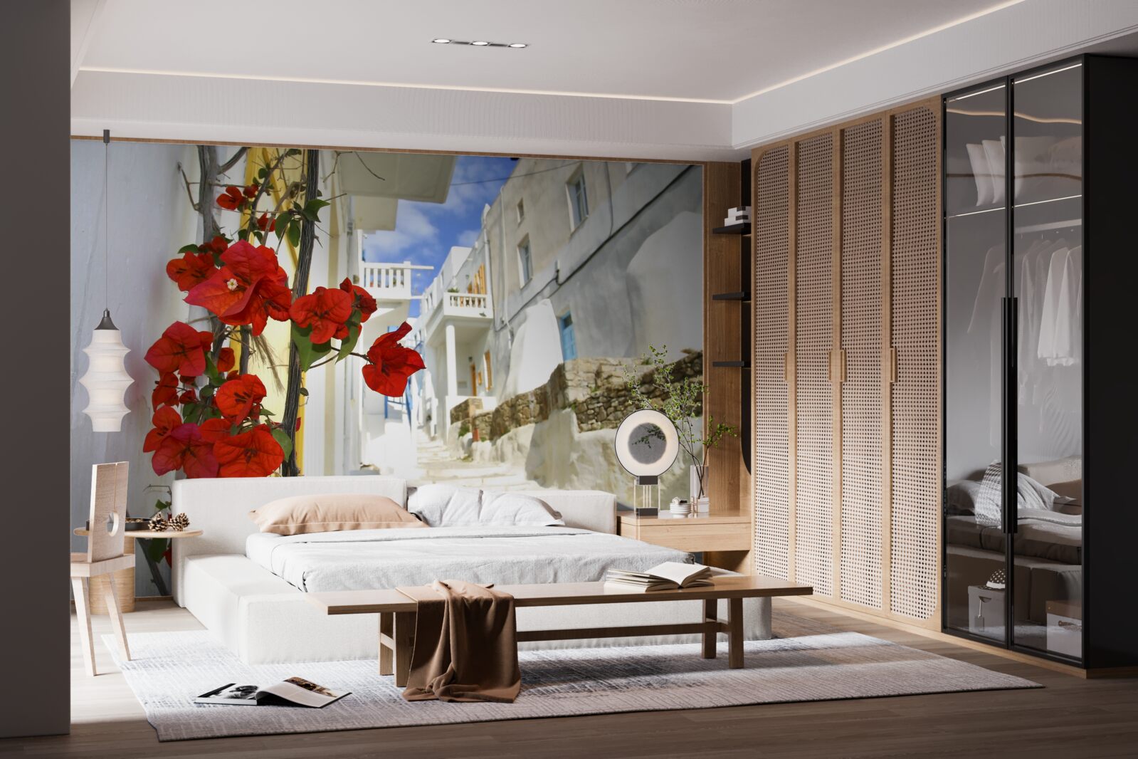 Papier peint des fleurs écarlates sur les murs brillants de la ville