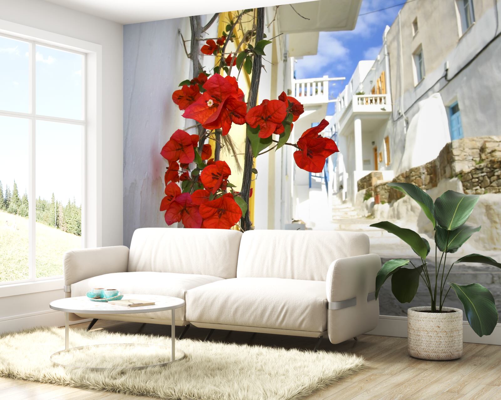 Papier peint des fleurs écarlates sur les murs brillants de la ville