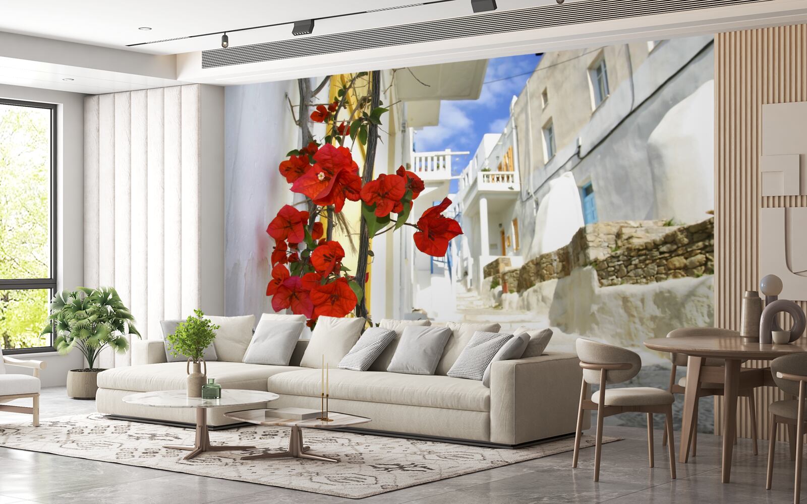 Papier peint des fleurs écarlates sur les murs brillants de la ville