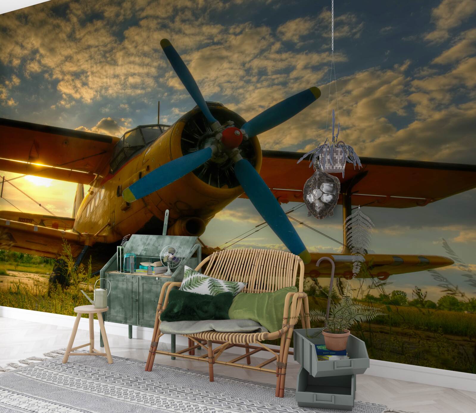 Papier peint dans le champ, il y a un avion de collection avec une hélice