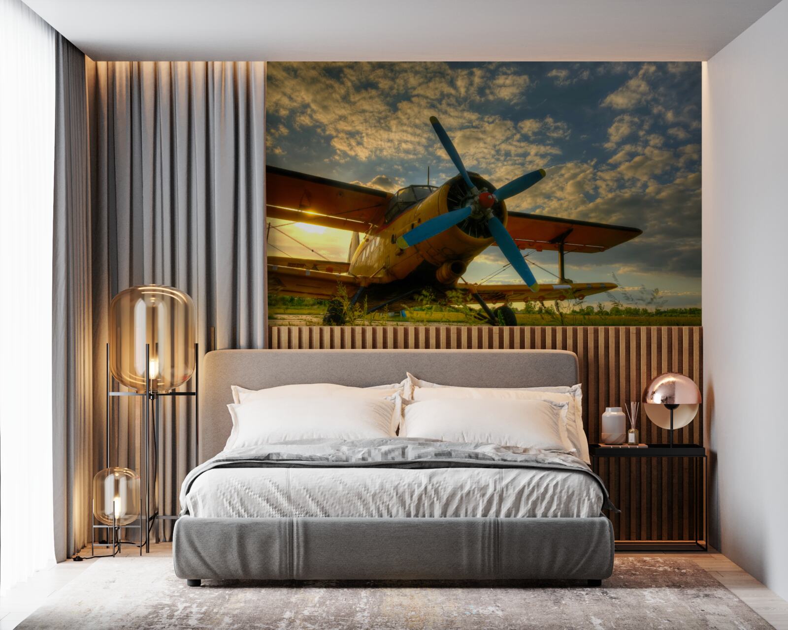 Papier peint dans le champ, il y a un avion de collection avec une hélice