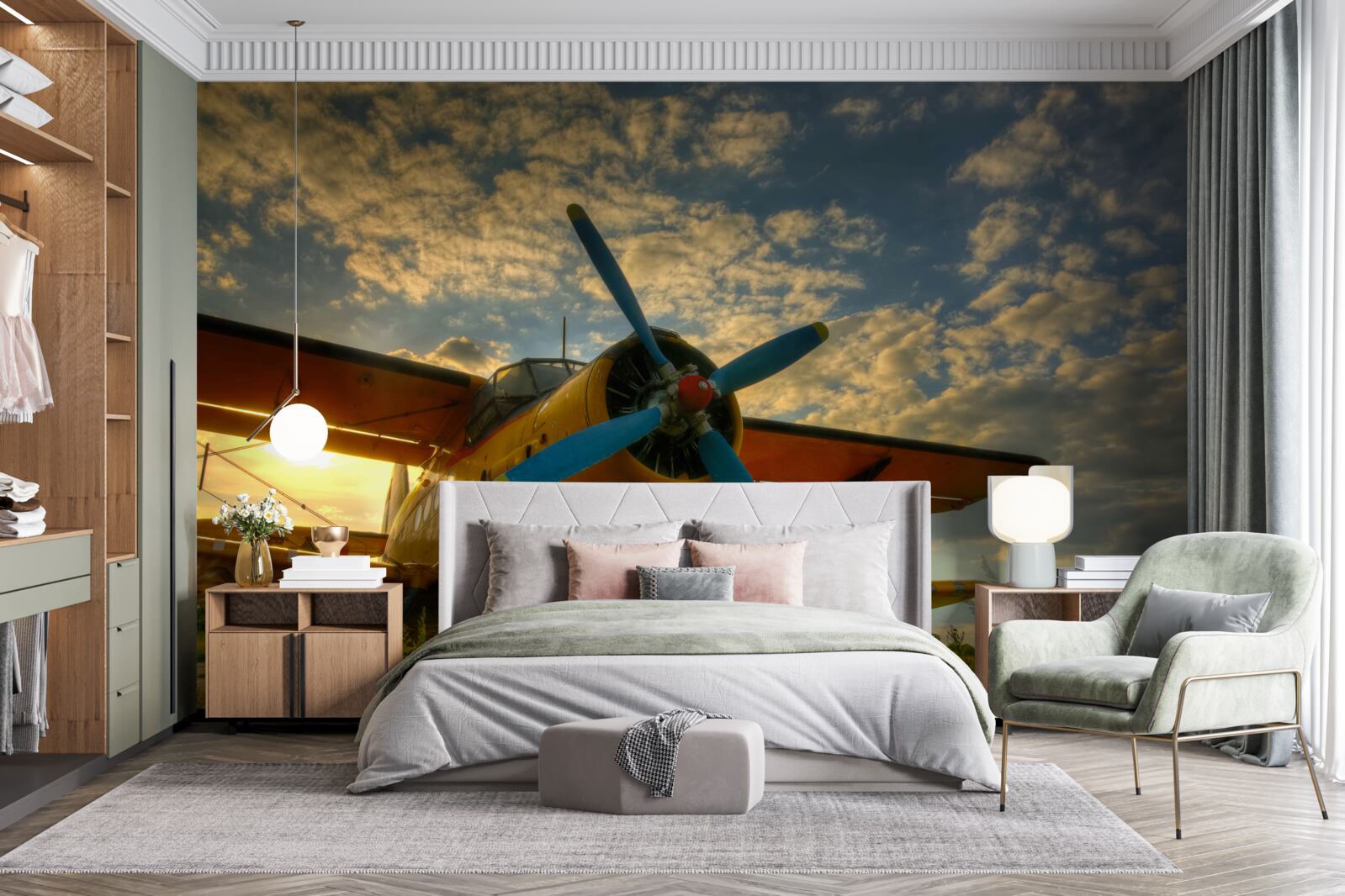 Papier peint dans le champ, il y a un avion de collection avec une hélice