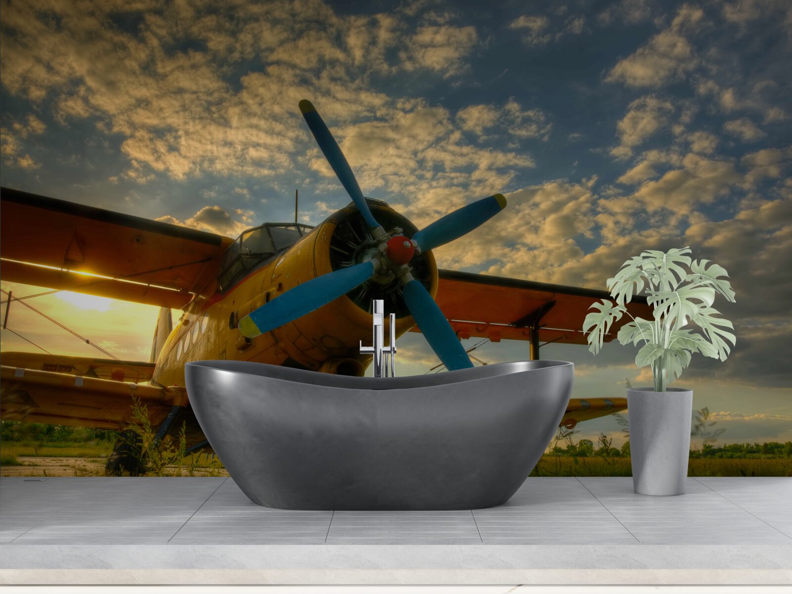 Papier peint dans le champ, il y a un avion de collection avec une hélice