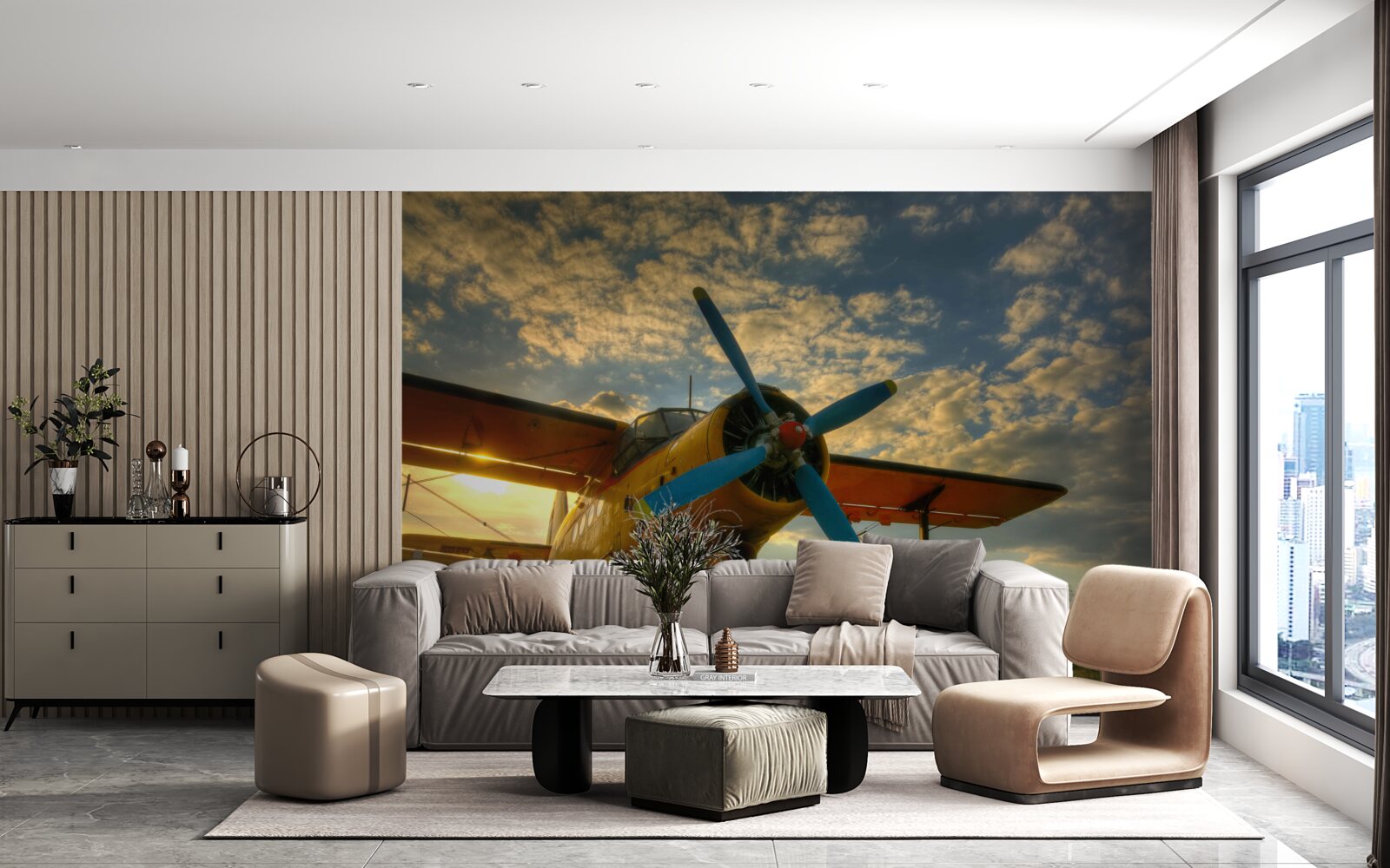 Papier peint dans le champ, il y a un avion de collection avec une hélice