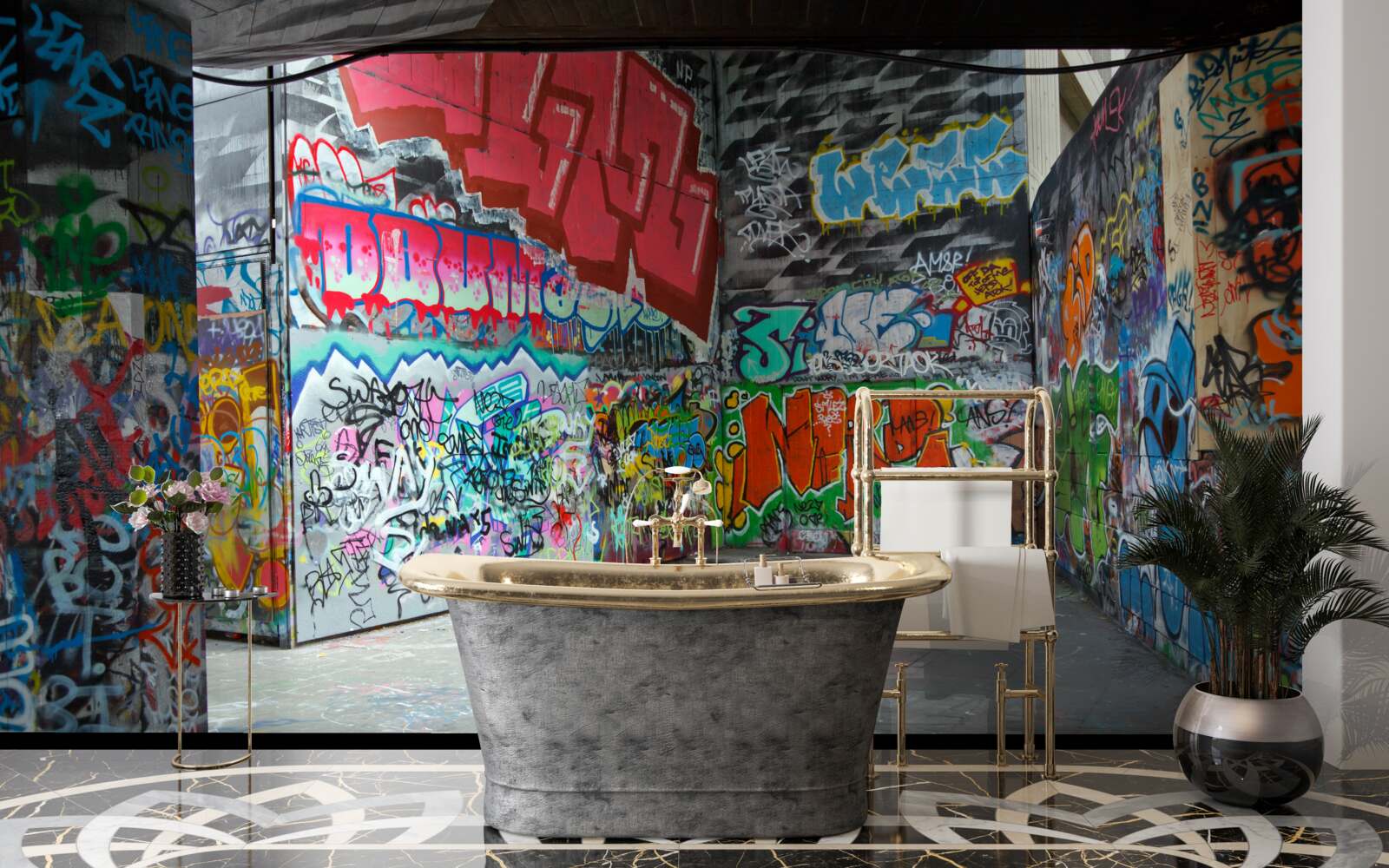 Papier peint des graffitis ornent les murs du passage souterrain