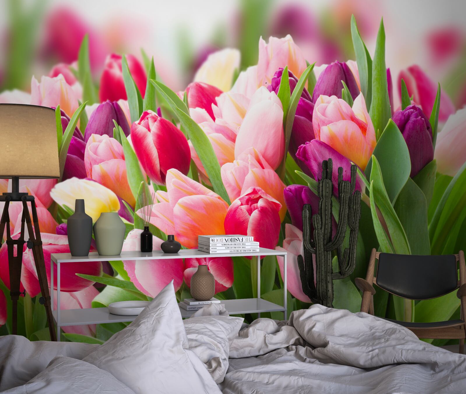 Papier peint tulipes printanières lumineuses avec feuilles vertes