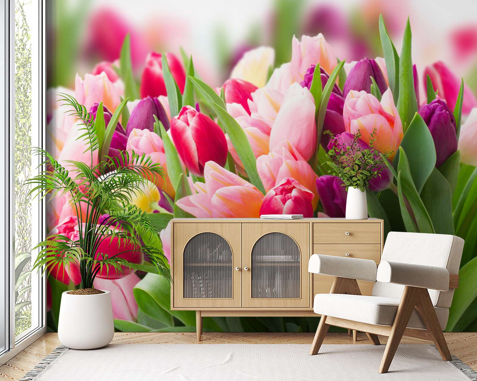 Papier peint tulipes printanières lumineuses avec feuilles vertes