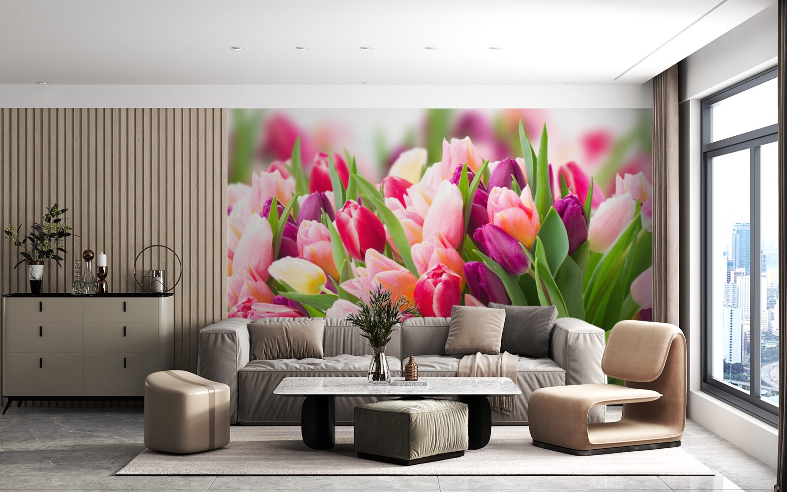 Papier peint tulipes printanières lumineuses avec feuilles vertes