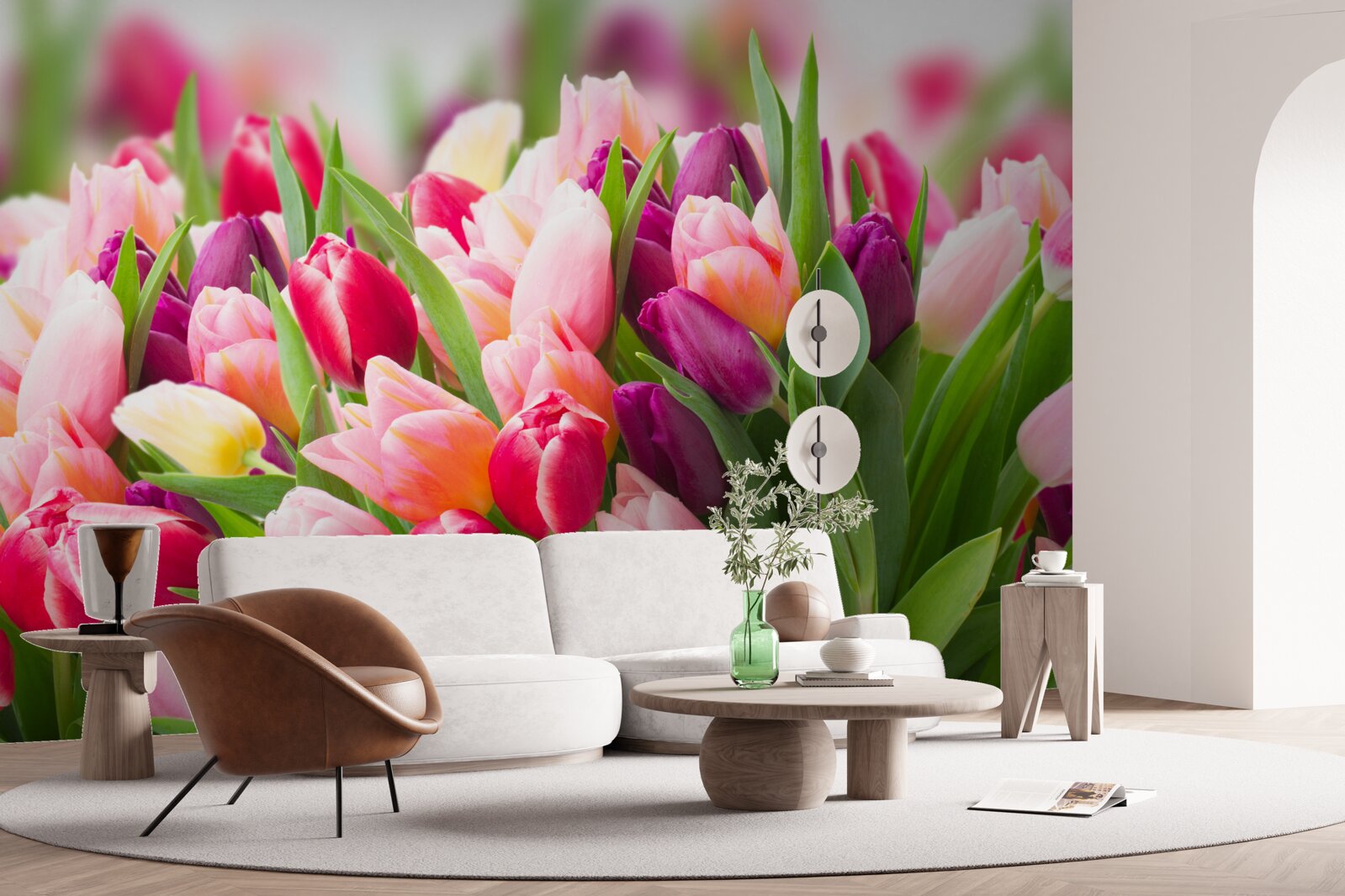 Papier peint tulipes printanières lumineuses avec feuilles vertes