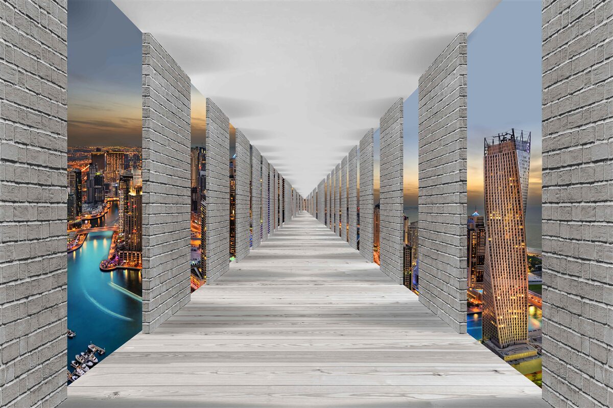 Papier peint couloir sans fin avec fenêtres d'observation