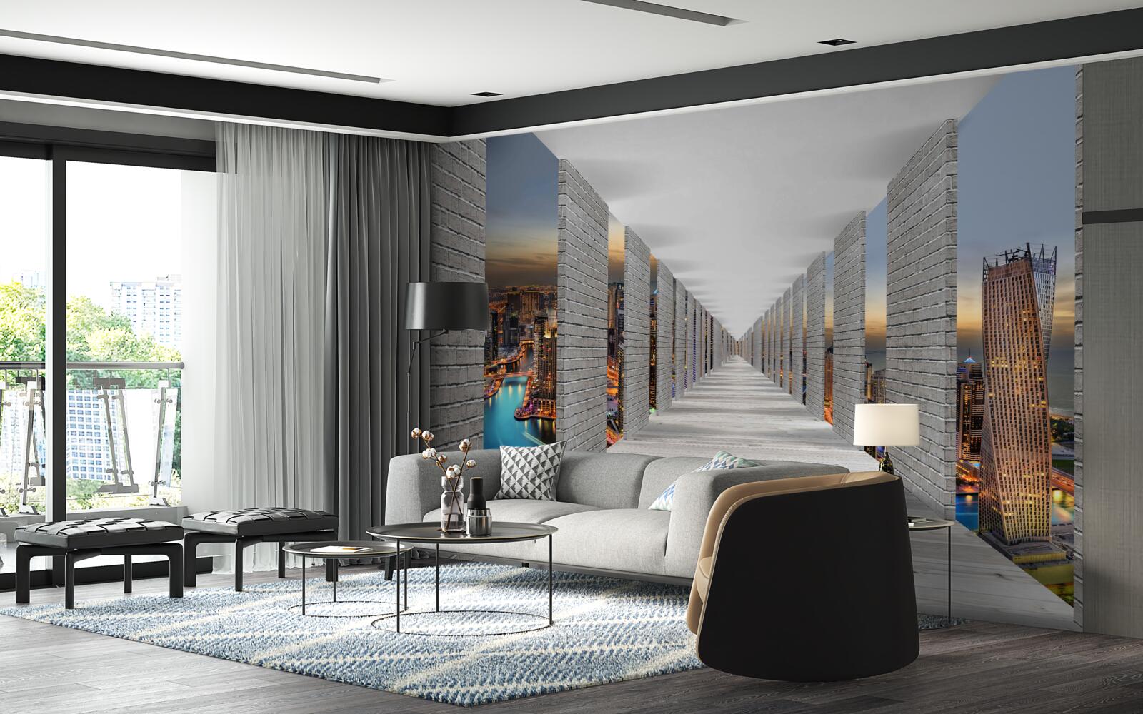 Papier peint couloir sans fin avec fenêtres d'observation