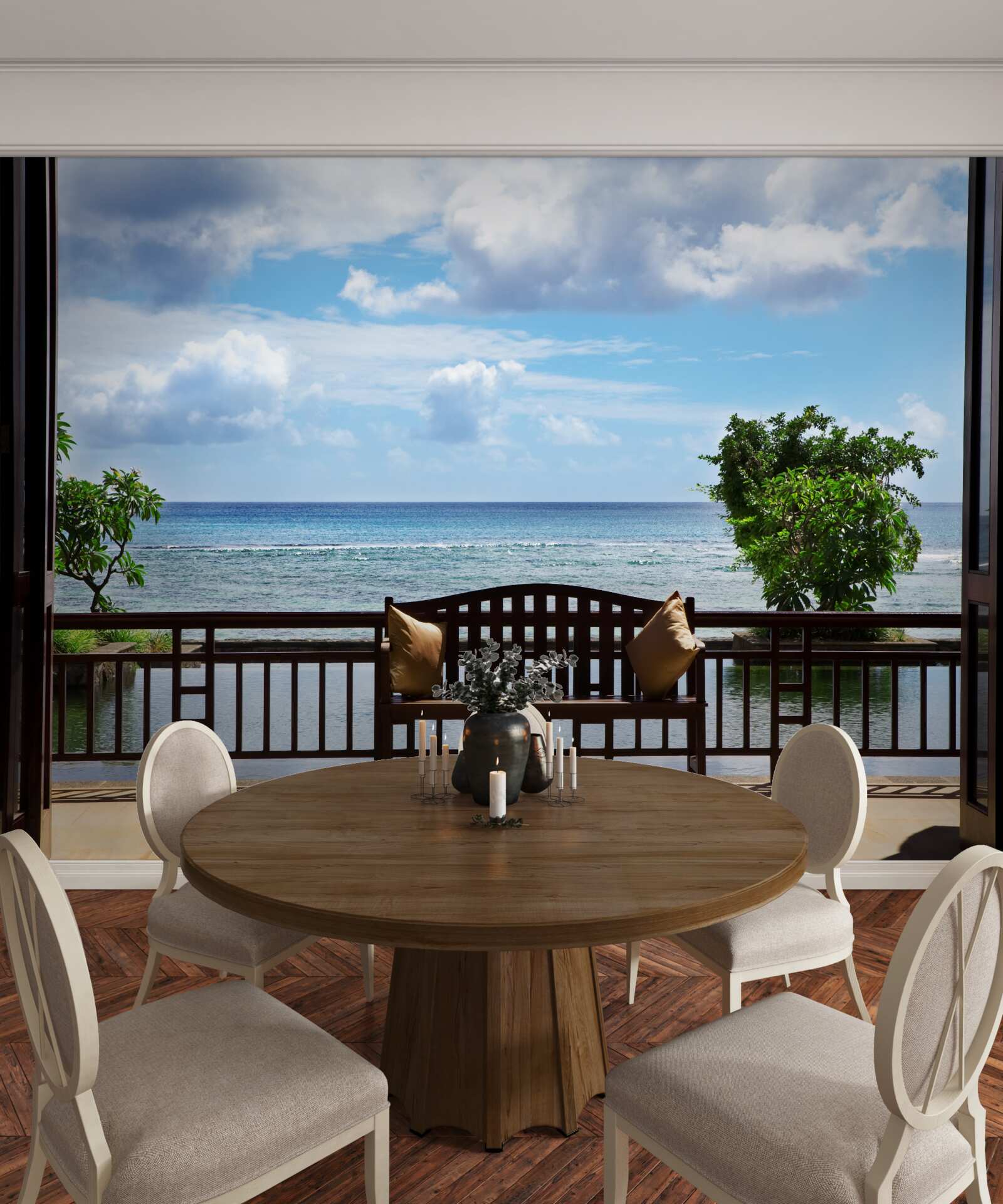 Papier peint banc confortable au bord de l'océan