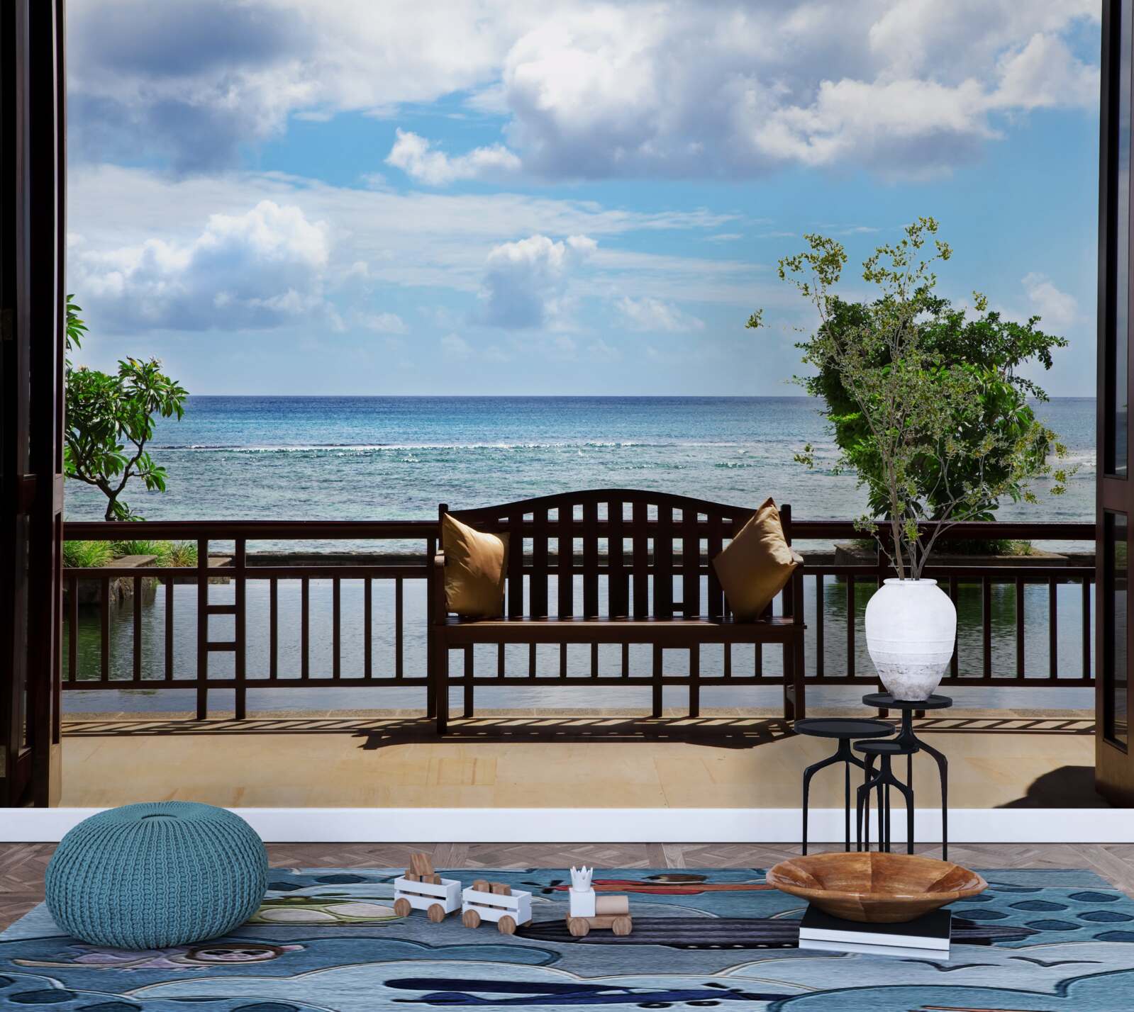 Papier peint banc confortable au bord de l'océan