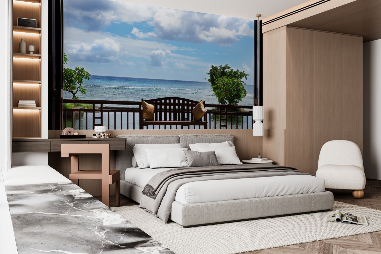 Papier peint banc confortable au bord de l'océan