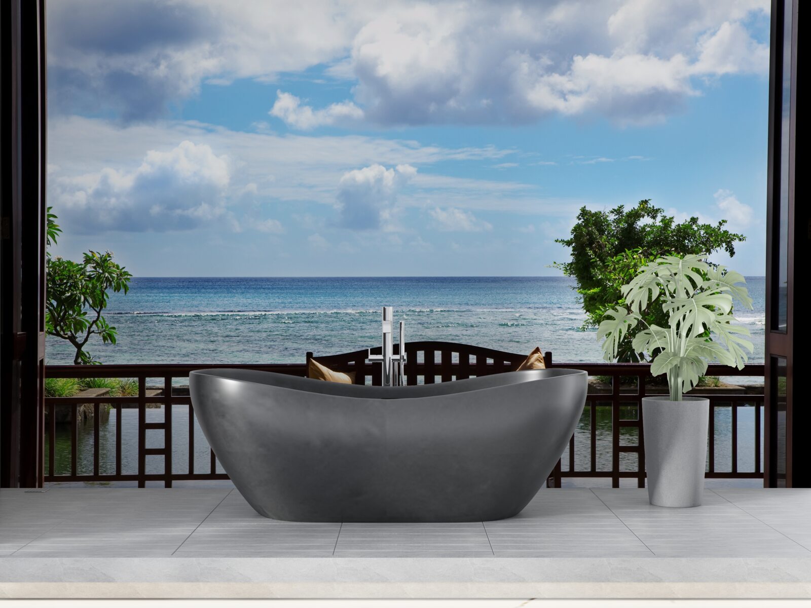 Papier peint banc confortable au bord de l'océan