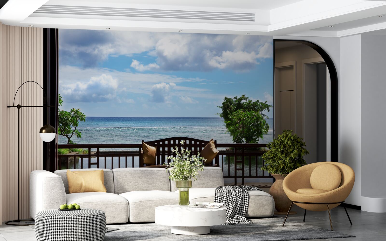 Papier peint banc confortable au bord de l'océan